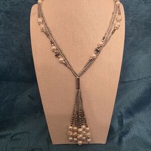 Chico's Silver and Pearl Tassel Necklace